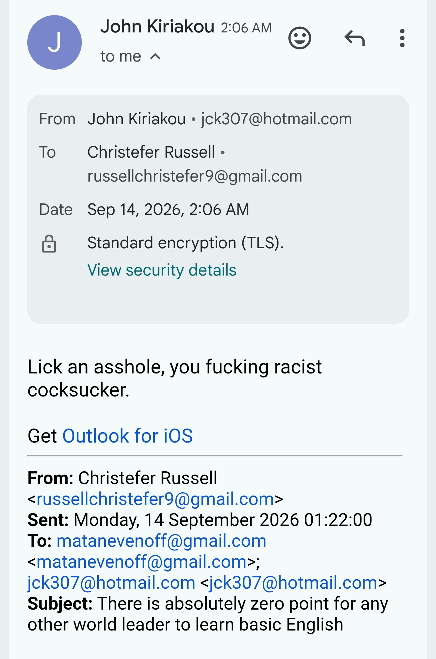 Operator still of an email dated 14 September 2026, labelled CIA threats.