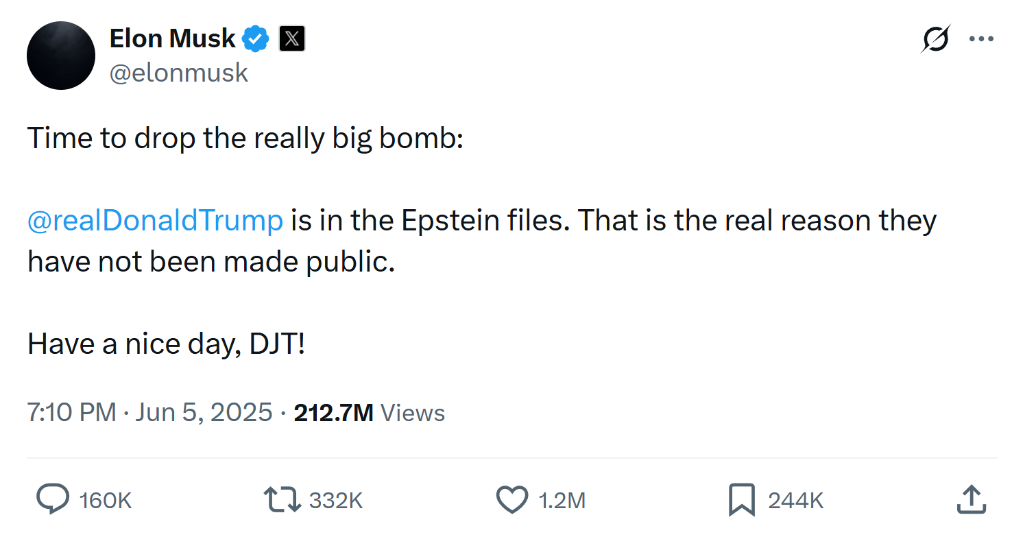 Wikimedia Commons still of an X post by Elon Musk dated 5 June 2025.